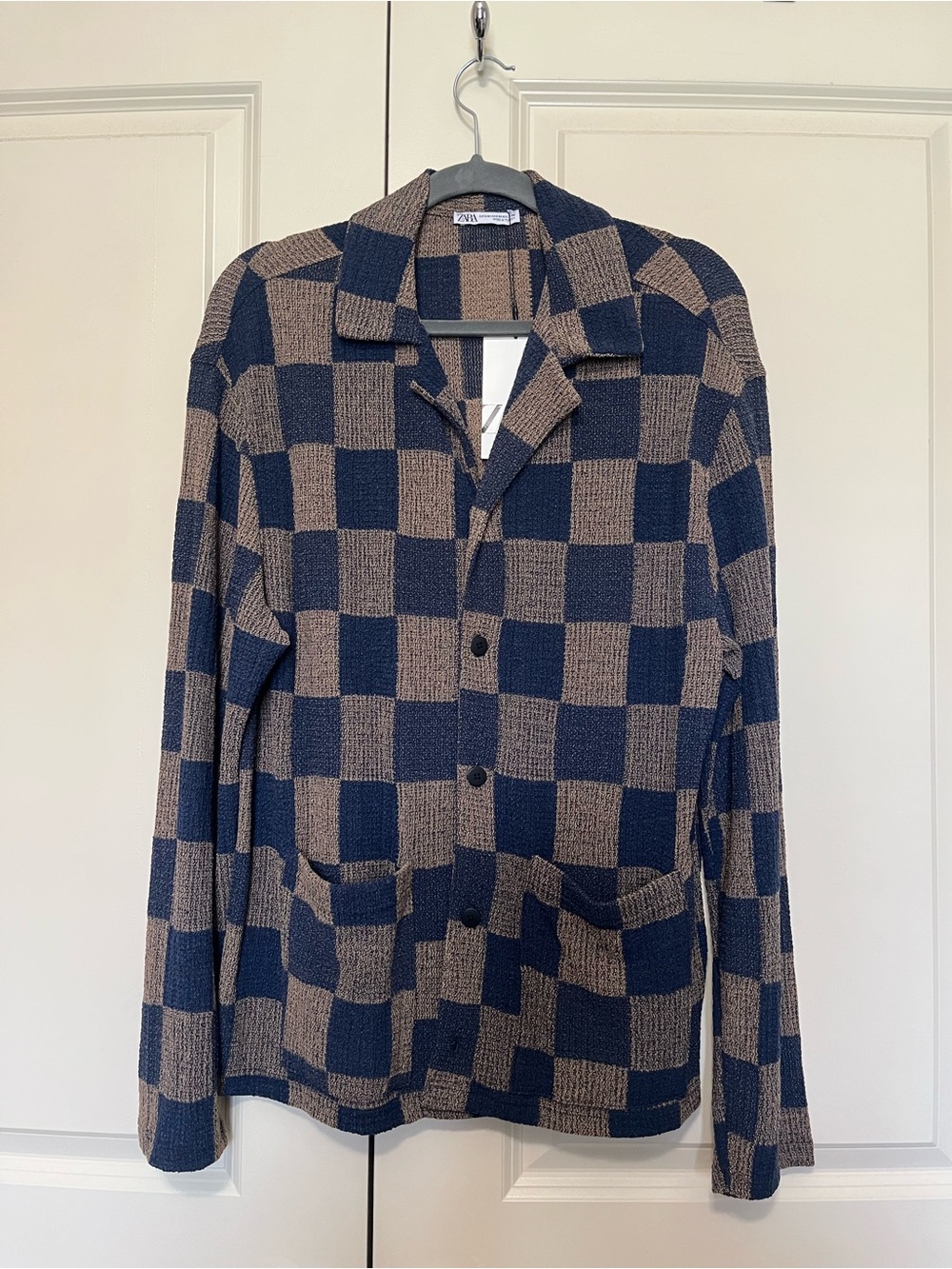 Zara Checkerboard Knit Button Cardigan - Navy & Taupe